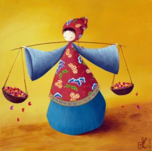 peinture sur toile de Nadine Lefeuve représentant un personnage appelé Poupir en tenue traditionnelle chinoise porteuse de fleurs